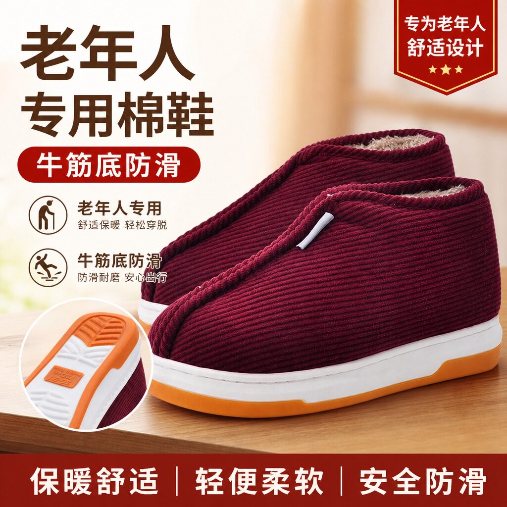 老人手工棉鞋女家居老年人牛筋底图片