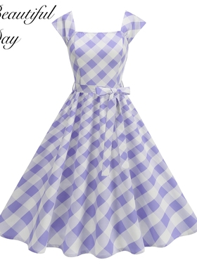 欧美复古无袖格子气质大码女装法式优雅显瘦度假表演大摆连衣裙