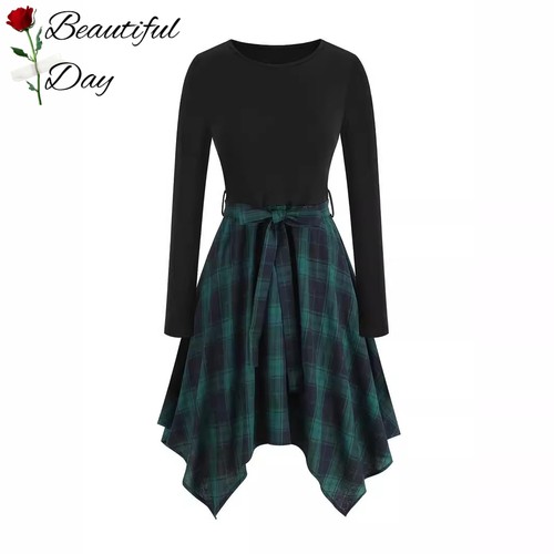 港风优雅长袖大码女装法式复古显瘦格子拼接收腰不规则大摆连衣裙