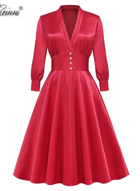 法式优雅高级感小众气质复古长袖收腰港风显瘦红色中长大摆连衣裙