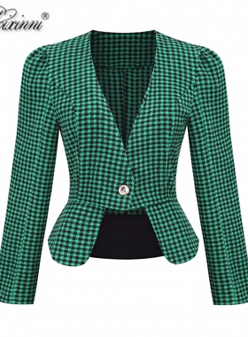 英伦时尚复古女装港风经典千鸟格子绿色西装长袖外套通勤休闲套装