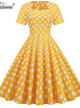 赫本气质小众复古港风年代感波点方领显瘦年会表演派对大摆连衣裙