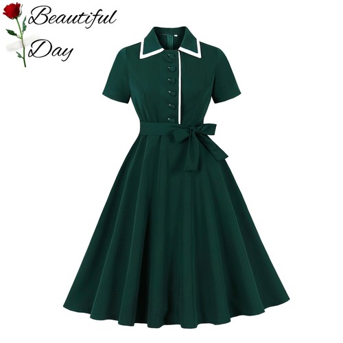 法式复古大码女装优雅收腰港风短袖翻领度假表演派对大摆连衣裙