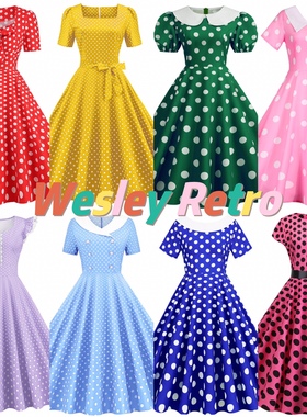 赫本气质港风复古显瘦怀旧年代感波点年会舞蹈表演大摆收腰连衣裙