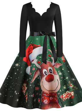 欧美时尚复古大码女红色圣诞节日派对长袖雪人印花大摆收腰连衣裙