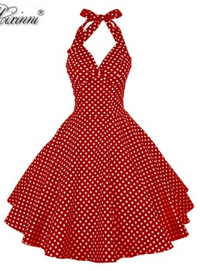 赫本小众复古港风女神年代感红波点甜美挂脖露背收腰大摆连衣裙夏