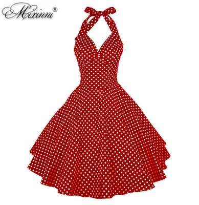 港风复古年代感挂脖红波点连衣裙