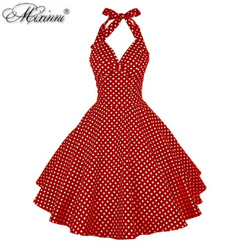 港风复古年代感挂脖红波点连衣裙