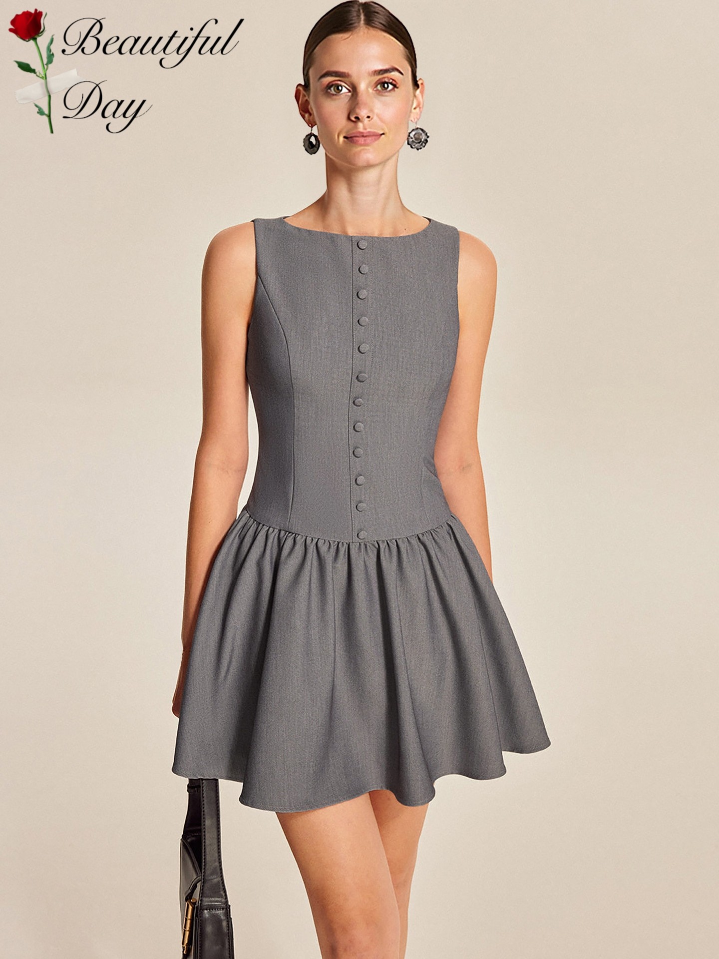 欧美复古时尚大码女装港风无袖纽扣优雅休闲派对大摆连衣裙