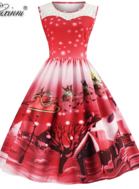 欧美时尚复古无袖大码女圣诞红色老人印花节日派对显瘦大摆连衣裙