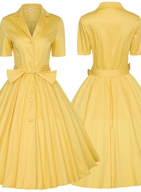 赫本气质小众复古年代感翻领短袖大码胖mm黄色纯棉收腰大摆连衣裙