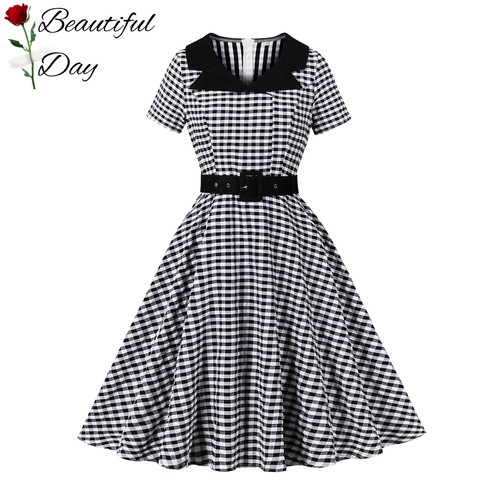 赫本复古气质格子显瘦法式年代感短袖女装舞蹈表演派对大摆连衣裙