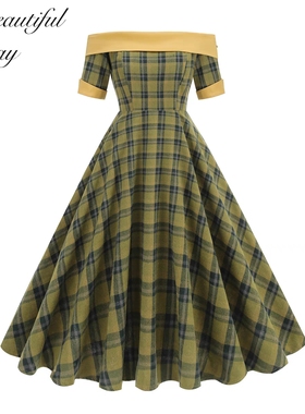 欧美赫本风复古气质一字领英伦格子显瘦宫廷圣诞节中长大摆连衣裙