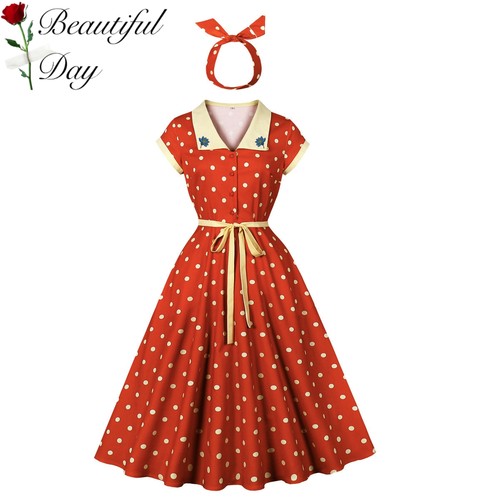 欧美复古年代感气质波点显瘦港风减龄年会表演派对短袖大摆连衣裙