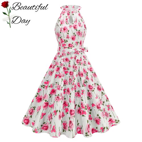 赫本复古气质印花显瘦法式年代感挂脖女装舞蹈表演度假大摆连衣裙