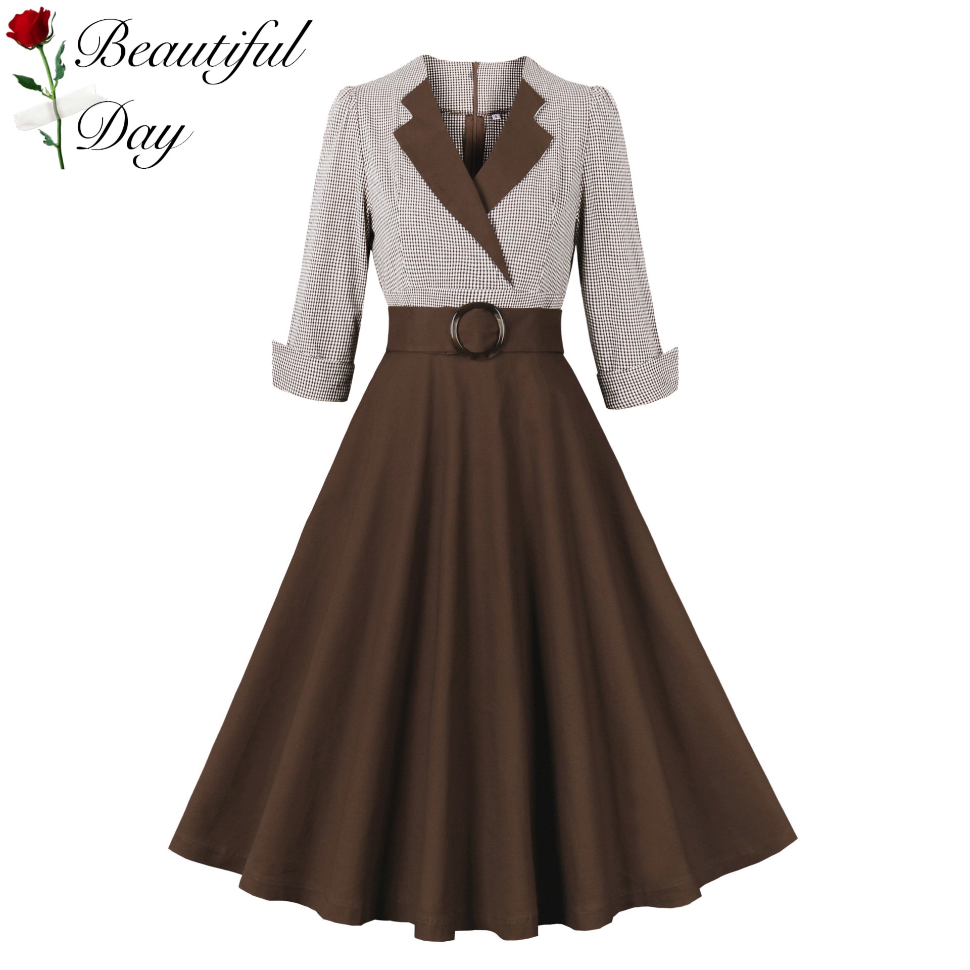 港风怀旧复古显瘦80年代格子派对表演七分袖收腰优雅大摆连衣裙