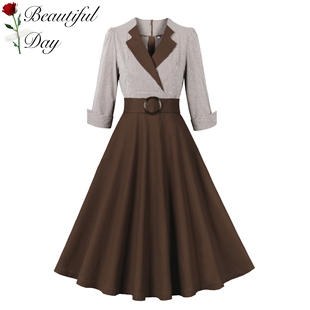 港风怀旧复古显瘦80年代格子派对表演七分袖 收腰优雅大摆连衣裙