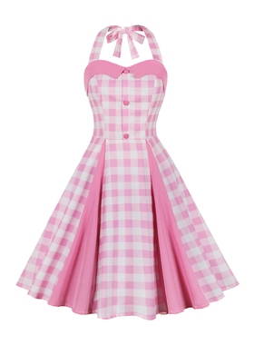 法式复古性感女神年代感格子显瘦港风舞蹈表演挂脖度假大摆连衣裙