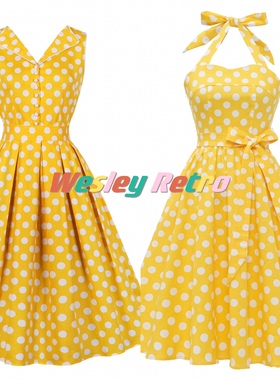 赫本小众复古显瘦港风年代少女感黄色波点表演派对收腰大摆连衣裙