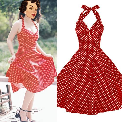 港风复古波点挂脖表演大摆裙