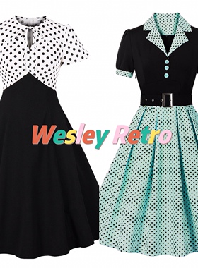 赫本风气质Vintage小众复古法式大码显瘦波点大摆收腰连衣裙女夏