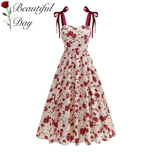 港风复古气质印花显瘦法式年代感吊带女装舞蹈表演大摆连衣裙