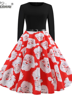 欧美洋气复古大码女红色圣诞老人节日派对长袖印花收腰大摆连衣裙