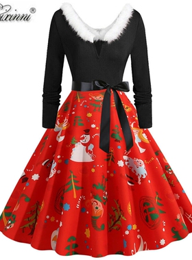 欧美洋气复古风红色圣诞老人节日派对长袖毛领印花收腰大摆连衣裙