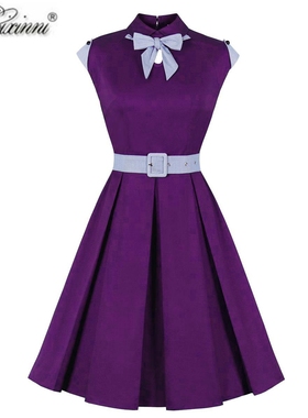 欧美法式气质淑女赫本风复古紫色Vintage50年代感收腰大摆连衣裙