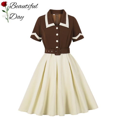 法式复古大码女装优雅收腰港风短袖拼接度假表演派对大摆连衣裙