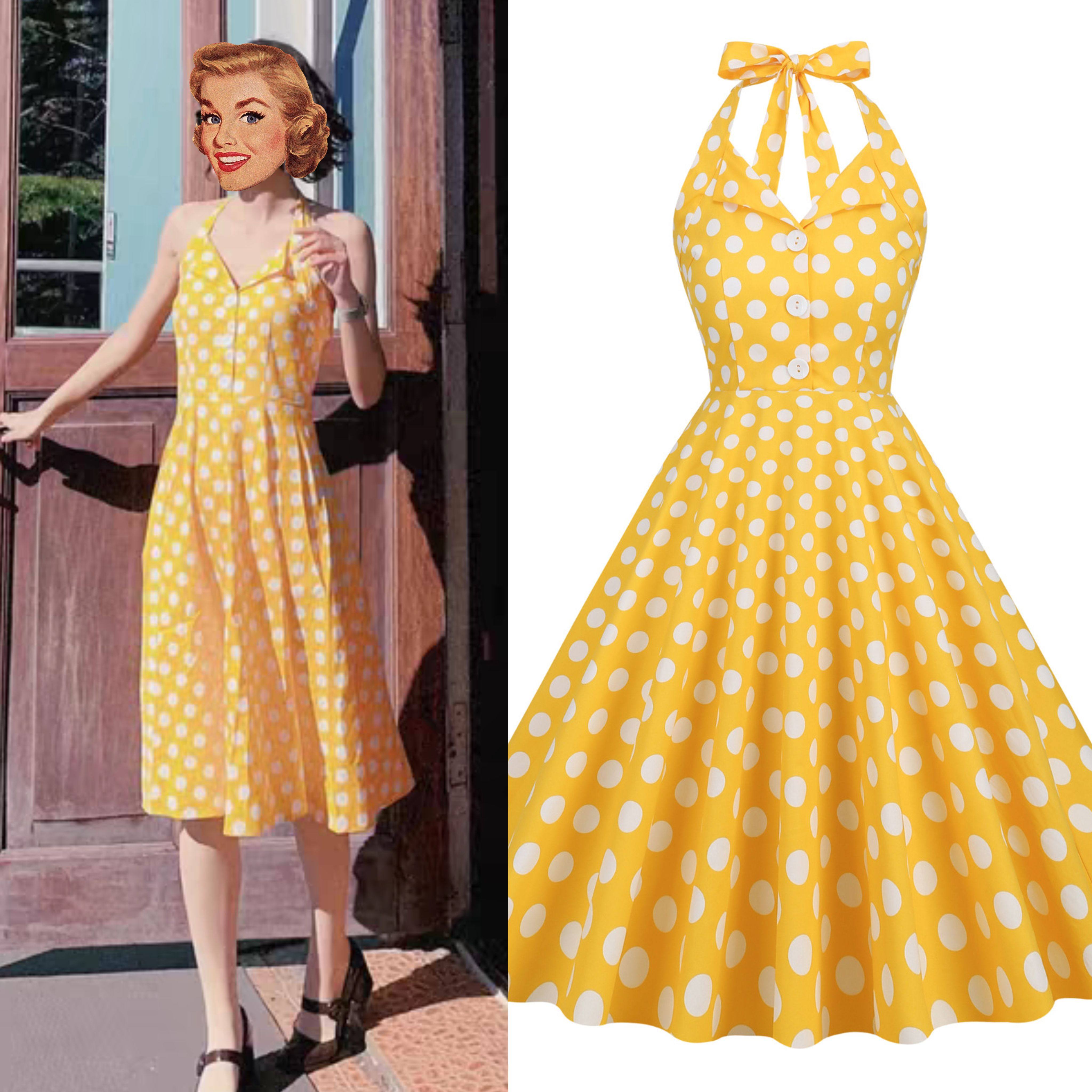 美式怀旧复古气质港风女神性感挂脖式波点派对表演显瘦大摆连衣裙