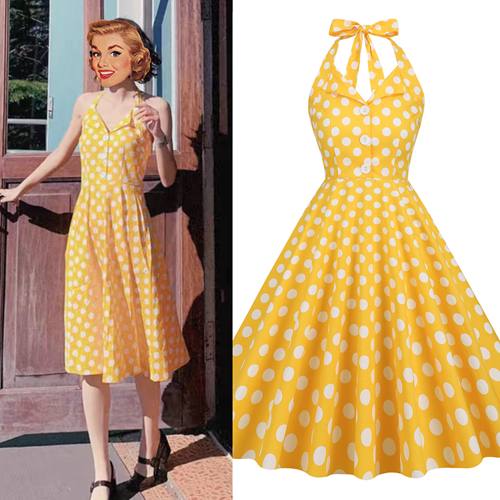 美式怀旧复古气质港风女神性感挂脖式波点派对表演显瘦大摆连衣裙