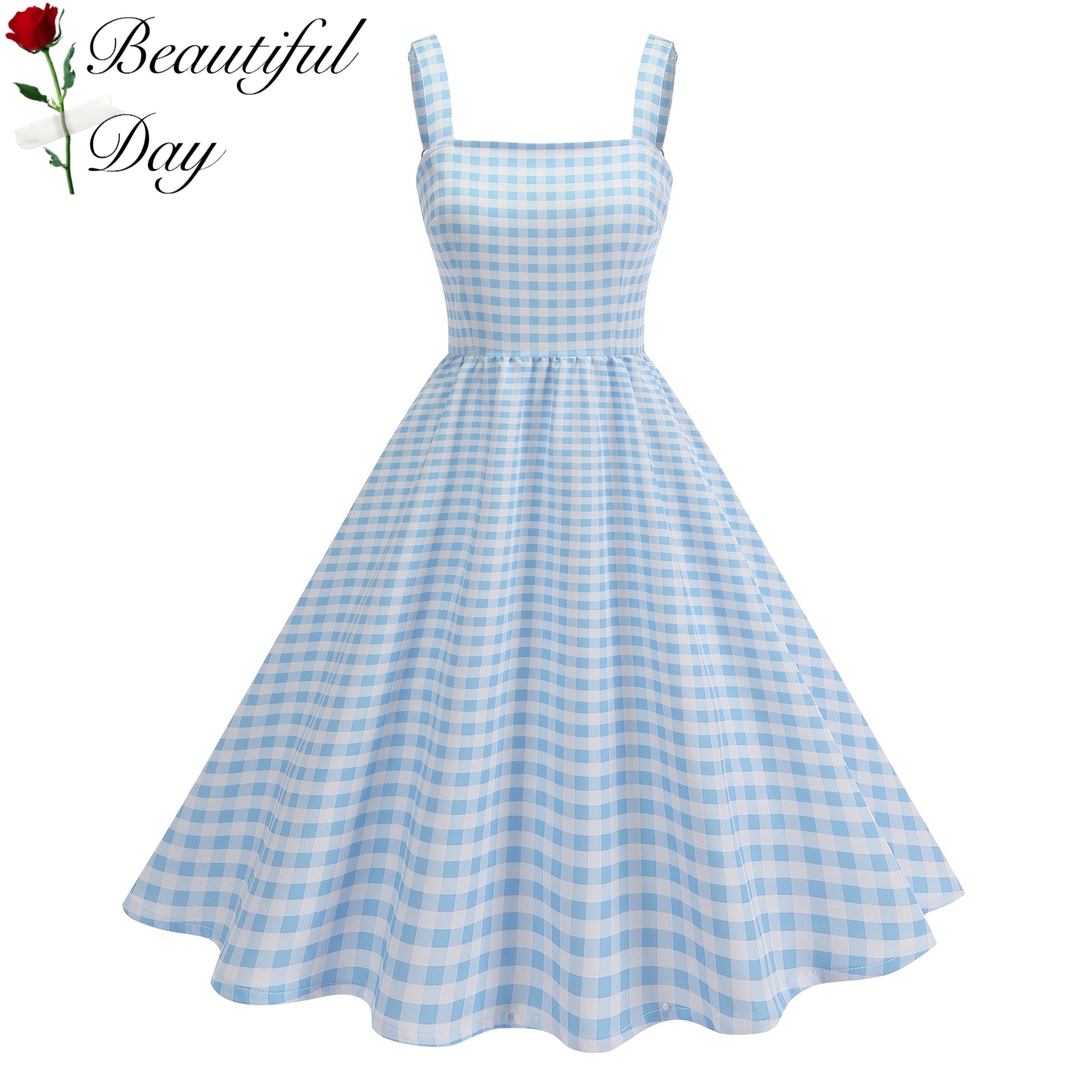 法式Vintage气质小众复古50年代感甜美度假吊带格子表演连衣裙