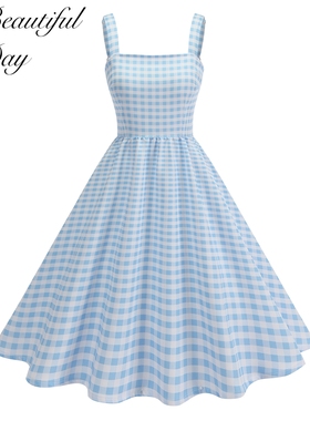 法式Vintage气质小众复古50年代感甜美度假吊带格子表演连衣裙
