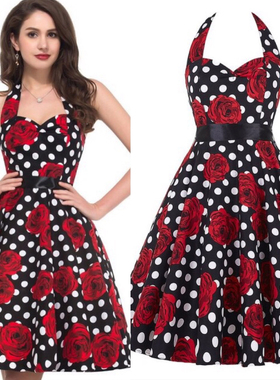 赫本复古性感港风女神怀旧年代感印花挂脖露背收腰显瘦大摆连衣裙