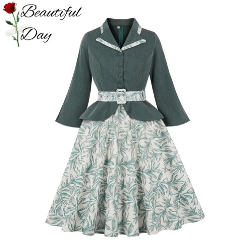 欧美复古女装法式高级感荷叶边开叉收腰长袖优雅拼接大摆连衣裙