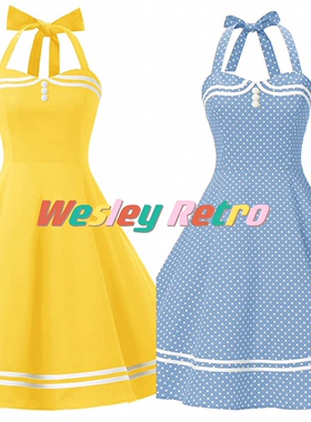 港风怀旧复古女神白色波点挂脖露背修身收腰性感显瘦大摆连衣裙夏