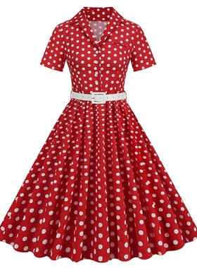 欧美赫本V领气质复古年代感法式小众显瘦波点中长大摆连衣裙女夏