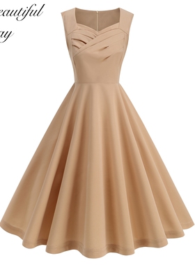 法式复古无袖气质优雅淑女方领港风减龄显瘦洋气大摆收腰连衣裙