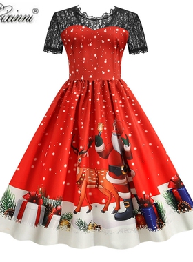 欧美时尚复古大码女红色圣诞老人节日短袖蕾丝印花显瘦大摆连衣裙