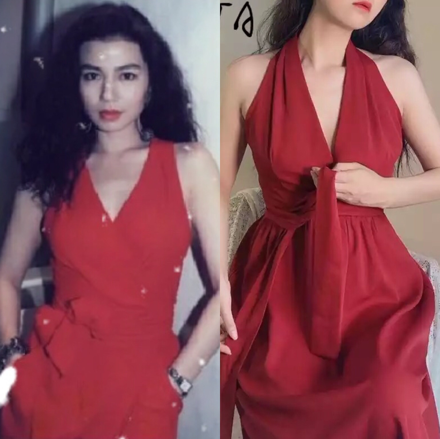 港风气质女神复古80年代感法式红色收腰挂脖无袖显瘦中长连衣裙夏