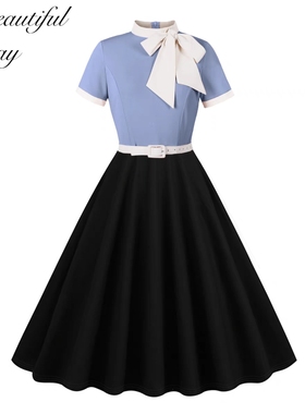 法式优雅淑女赫本风小众复古宫廷气质高领拼接表演大摆洋装连衣裙