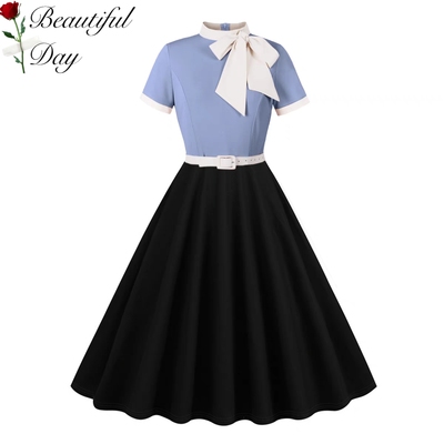 法式优雅淑女赫本风小众复古宫廷气质高领拼接表演大摆洋装连衣裙