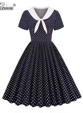 赫本夏日气质小众复古港风少女感短袖波点显瘦洋气过膝大摆连衣裙
