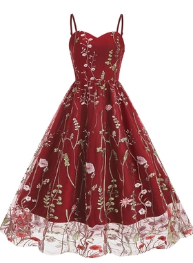 法式复古气质女装刺绣印花派对小礼服港风显瘦网纱吊带大摆连衣裙