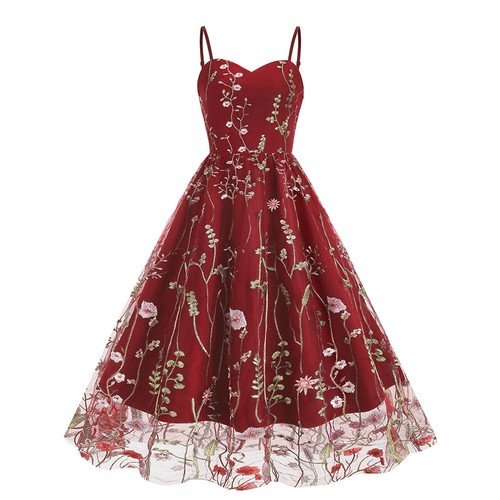 法式复古气质女装刺绣印花派对小礼服港风显瘦网纱吊带大摆连衣裙