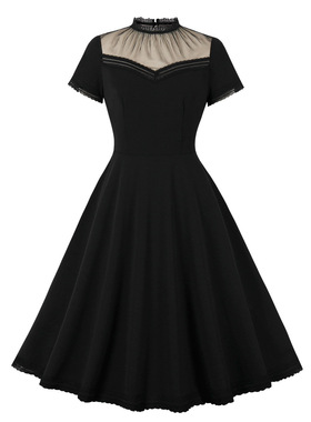 法式优雅复古港风黑色显瘦大码胖mm网纱镂空气质短袖过膝连衣裙夏