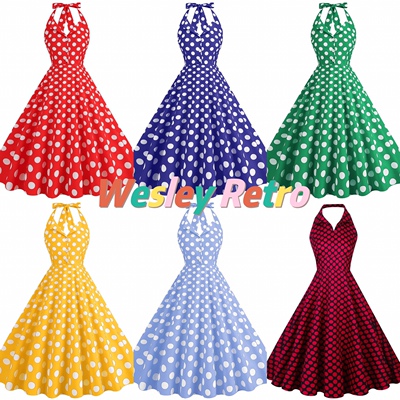 欧美复古女神年代感气质波点显瘦港风舞蹈表演派对挂脖大摆连衣裙