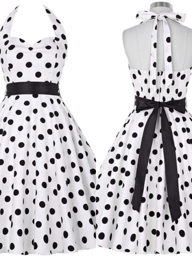 赫本复古港风年代少女感挂脖彩色波点收腰显瘦派对表演舞蹈连衣裙