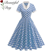 女装 港风复古气质波点显瘦法式 年代感短袖 舞蹈表演派对收腰连衣裙